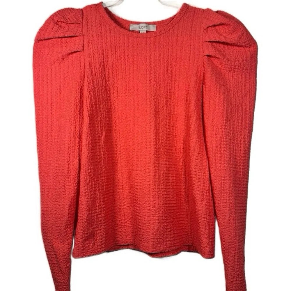 Loft Chic Petite Pleated Puff Sleeve Orange Knit Coral Long Sleeve‎ Top XS flaw